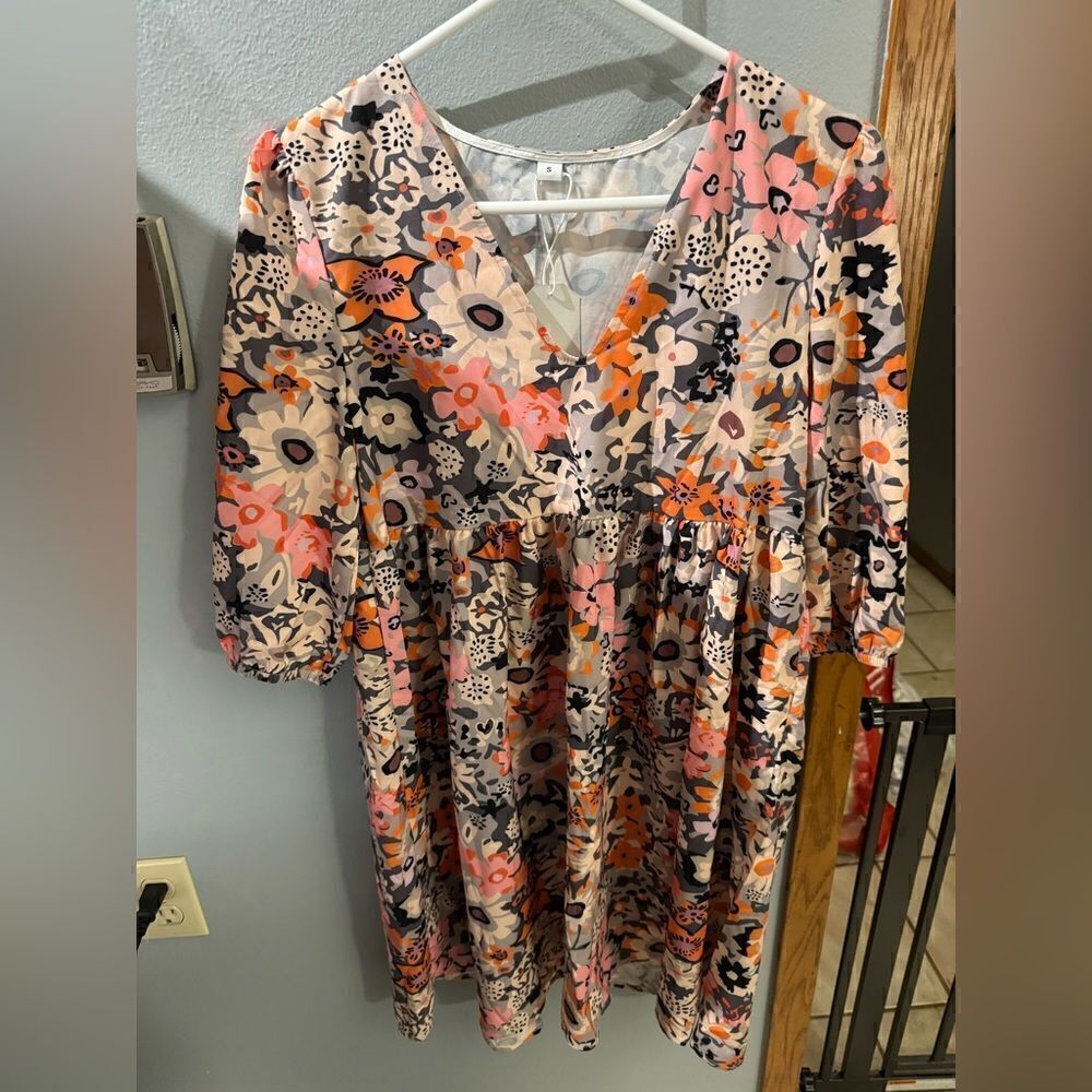 Made With Love Multi Floral Mini Babydoll Smock Dress NWT Women's Small Boho